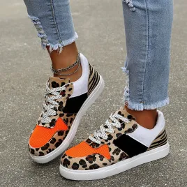 Ladies casual fashion leopard print lace-up sneakers